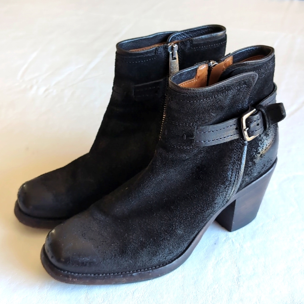 Pantanetti Heeled Buckled Distressed Black Leather Moto Booties Women's 38